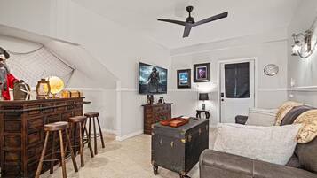 Smart TV, chimenea, libros