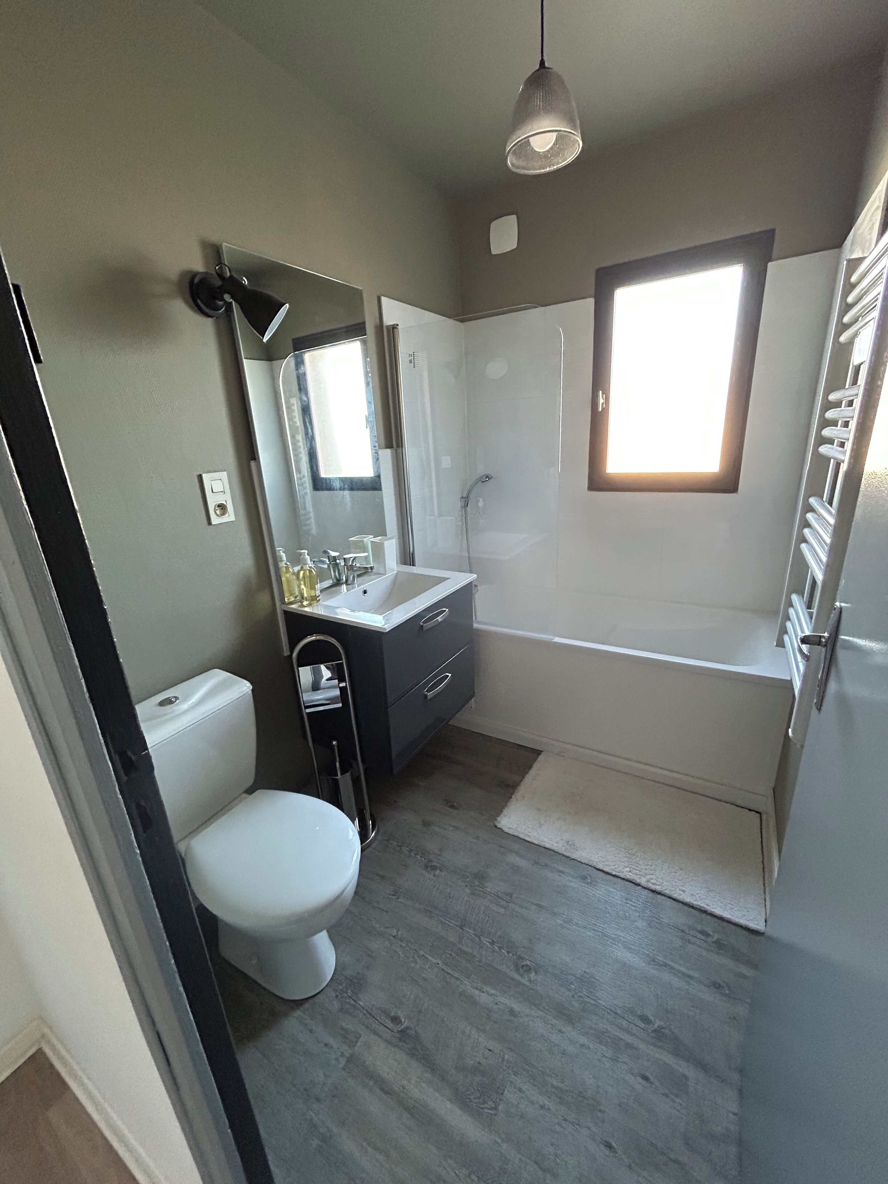 Een haardroger, handdoeken, zeep, toiletpapier