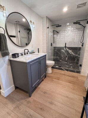 Shower, hair dryer, towels, soap