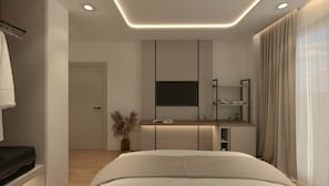 A modern bedroom with a bed, a bedside table, a TV, and a wardrobe. - FAFA Mel Holiday Hotel (Golem)