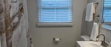 Hair dryer, towels, soap, toilet paper