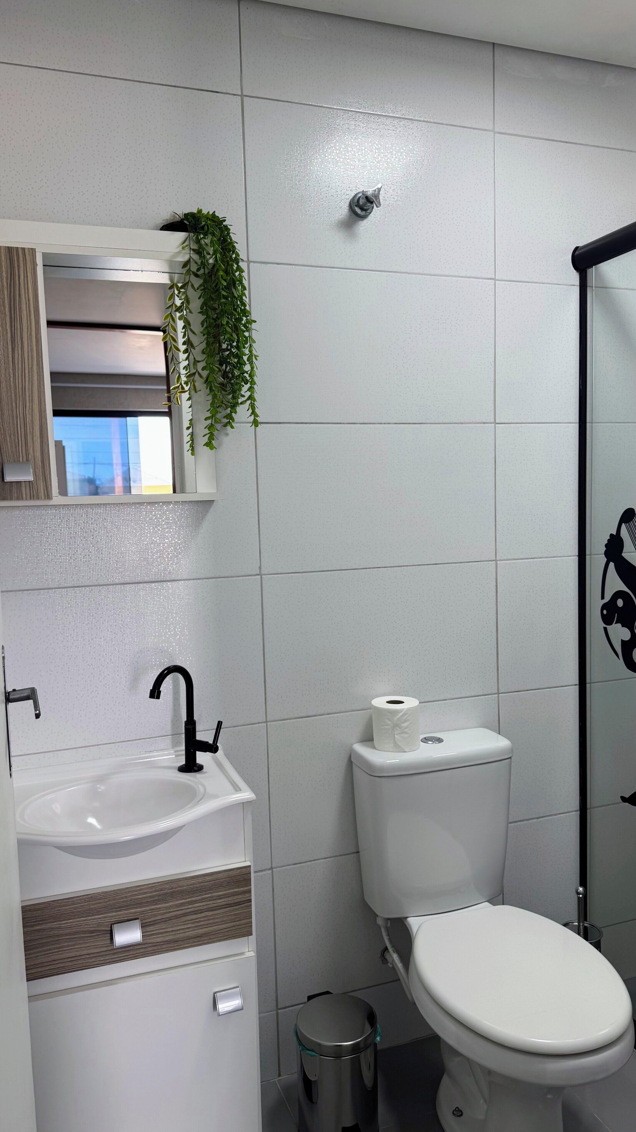 Shower, towels, soap, toilet paper