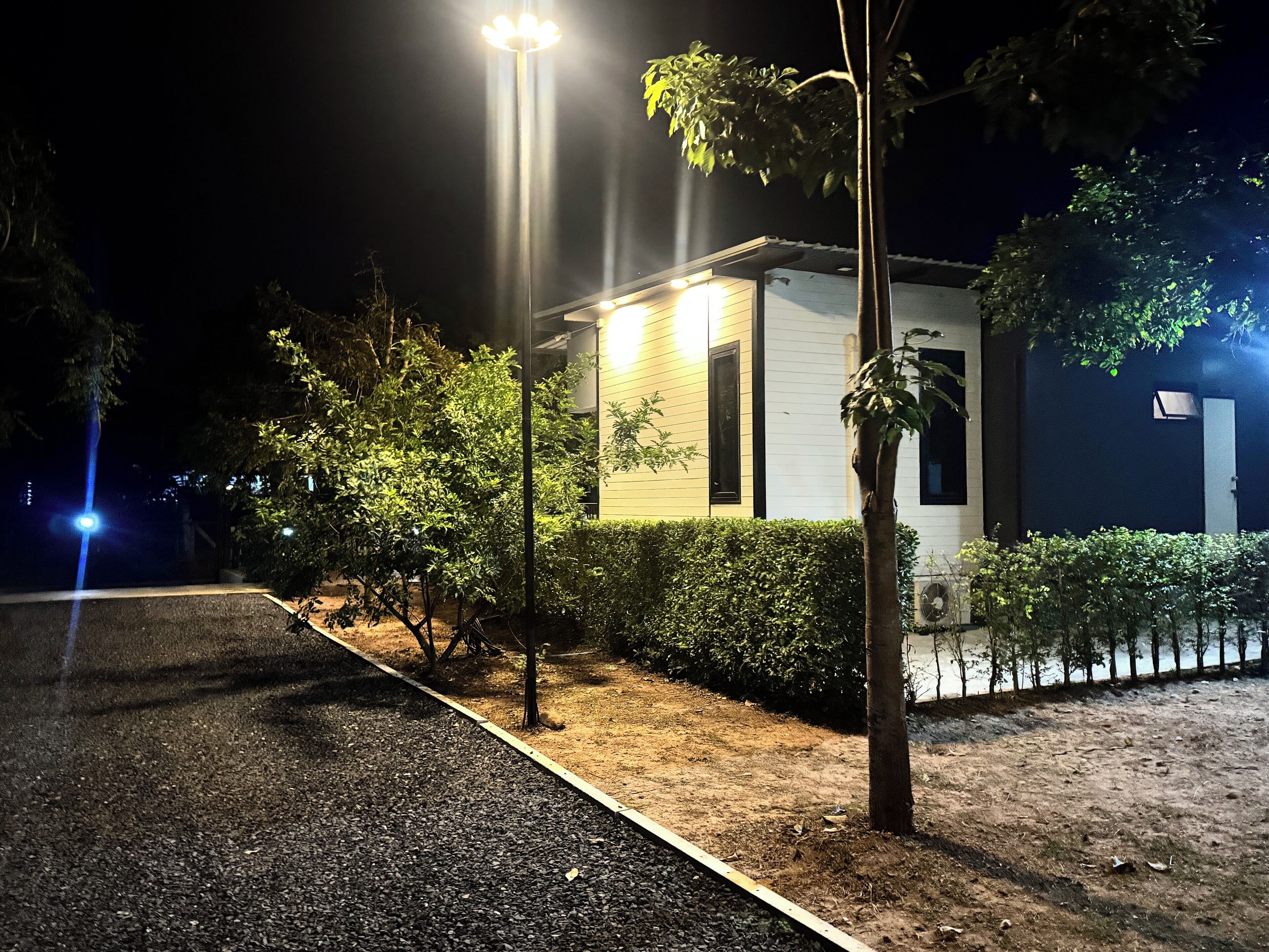 A building with a paved driveway, surrounded by trees and a well-maintained hedge.