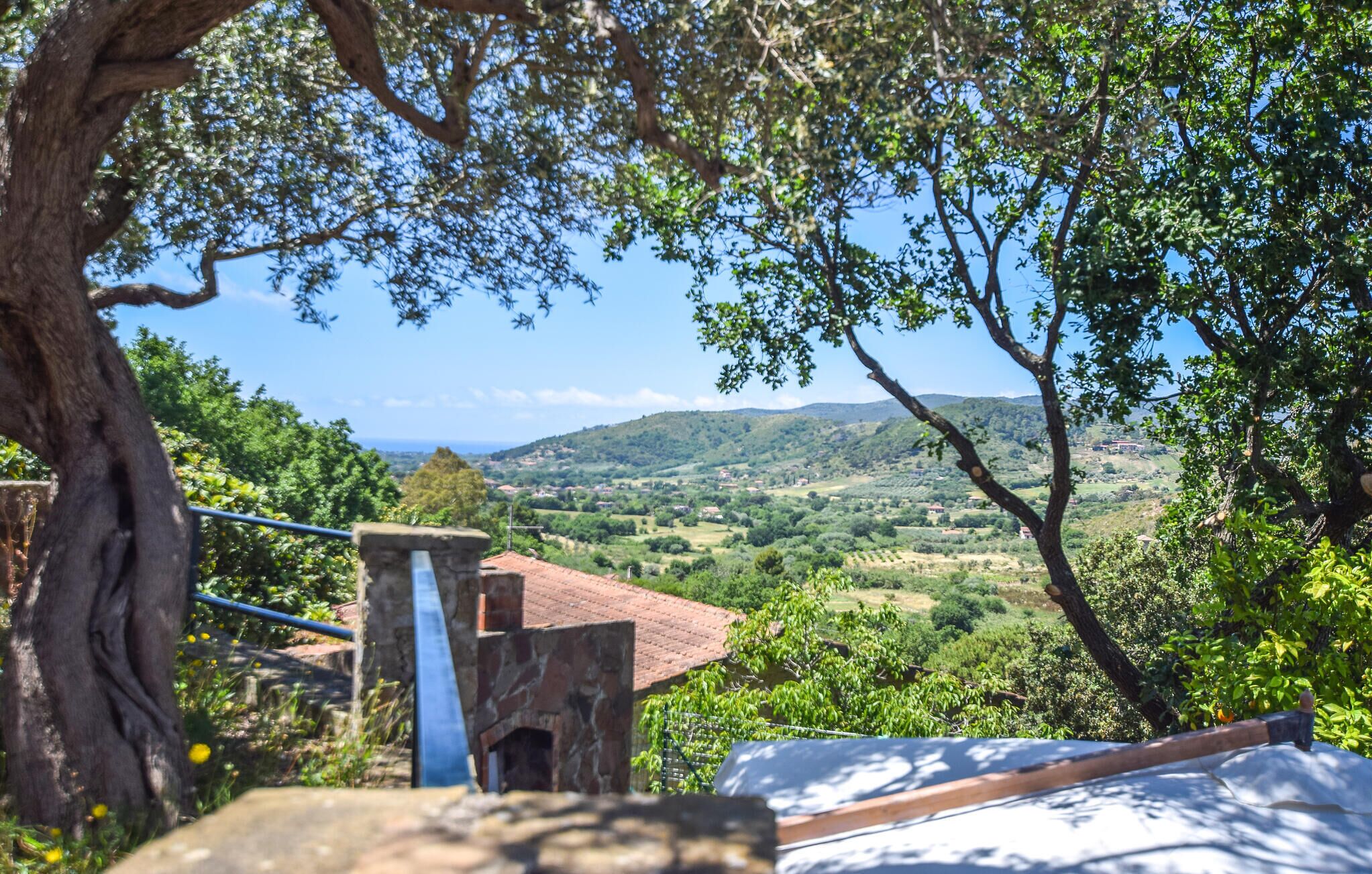 Paesaggio rurale con una struttura in pietra, forse un pozzo o una fontana, circondata da vegetazione lussureggiante e una vista lontana di dolci colline.