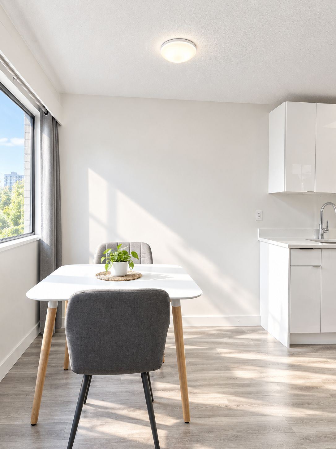 A modern kitchen with white cabinets, a built-in sink, and a window with curtains.