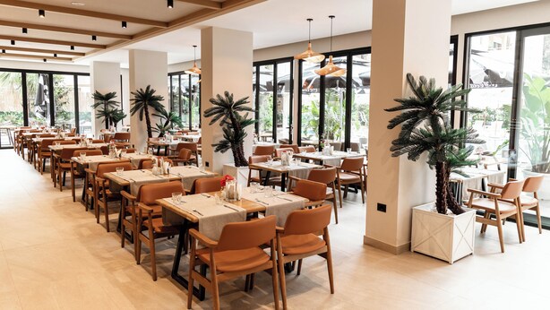 A spacious restaurant with multiple dining tables and chairs, large windows, and indoor plants.