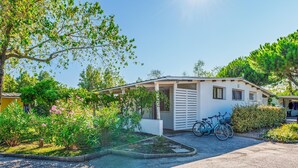 Eingeschossiges Haus mit überdachter Veranda, einem davor abgestellten Fahrrad und einem Garten mit verschiedenen Pflanzen und Blumen.