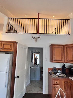 A kitchen with wooden cabinets, a white refrigerator, a black coffee maker, and a ceiling-mounted deer skull.
