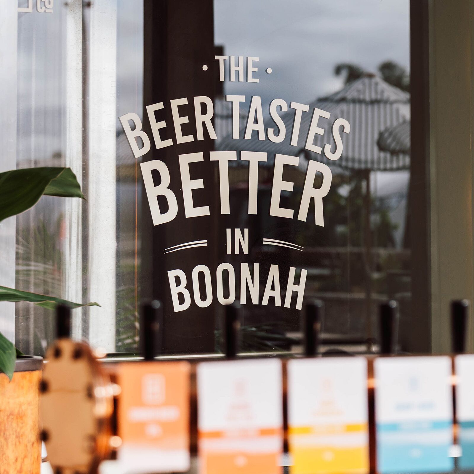 A window with the text "THE BEER TASTES BETTER IN BOONAH" and a view of a building with palm trees.