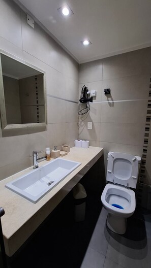 Secadora de cabello, toallas, jabón, papel de baño 