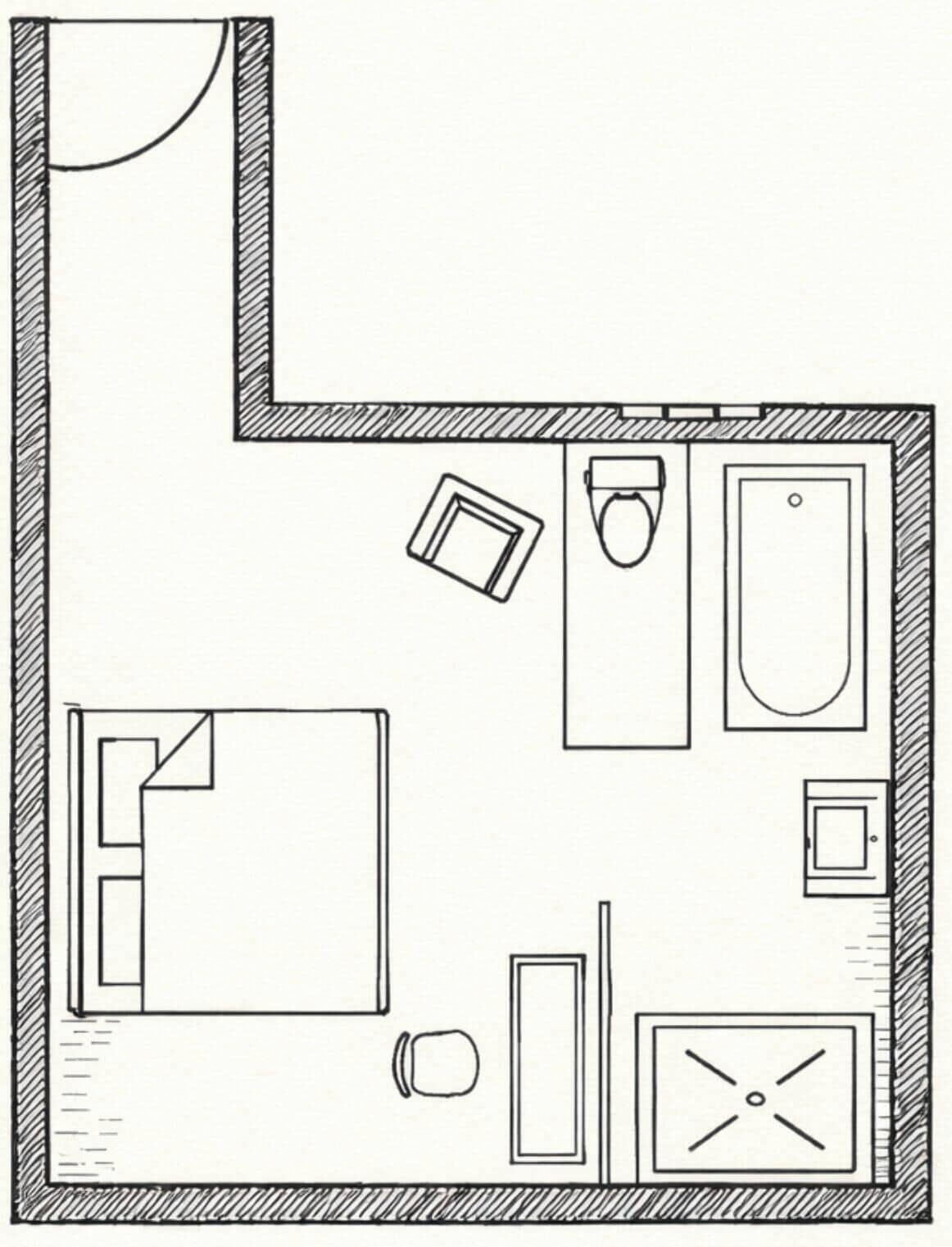 A floor plan of a hotel room with a bed, a bathroom with a bathtub, a sink, and a toilet.