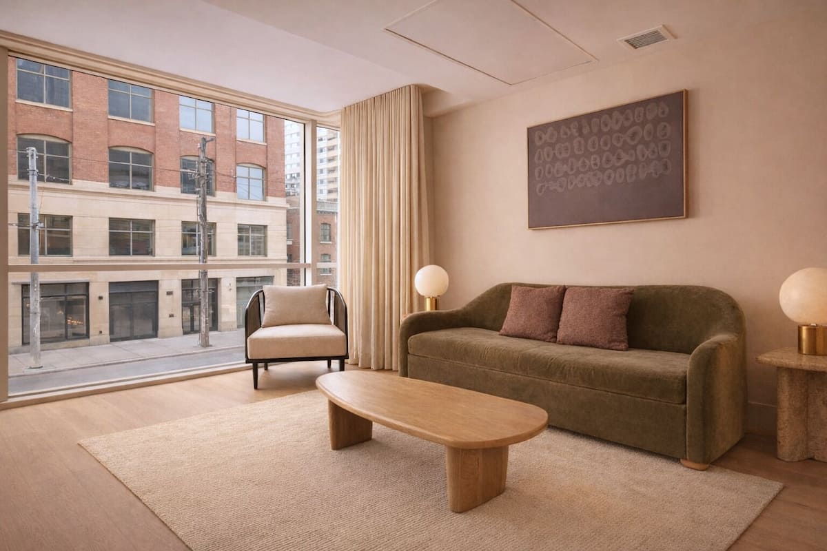Una sala de estar moderna con sofá, sillón y mesa de centro, ventanas amplias con vista a la ciudad, y una obra de arte abstracta enmarcada en la pared.