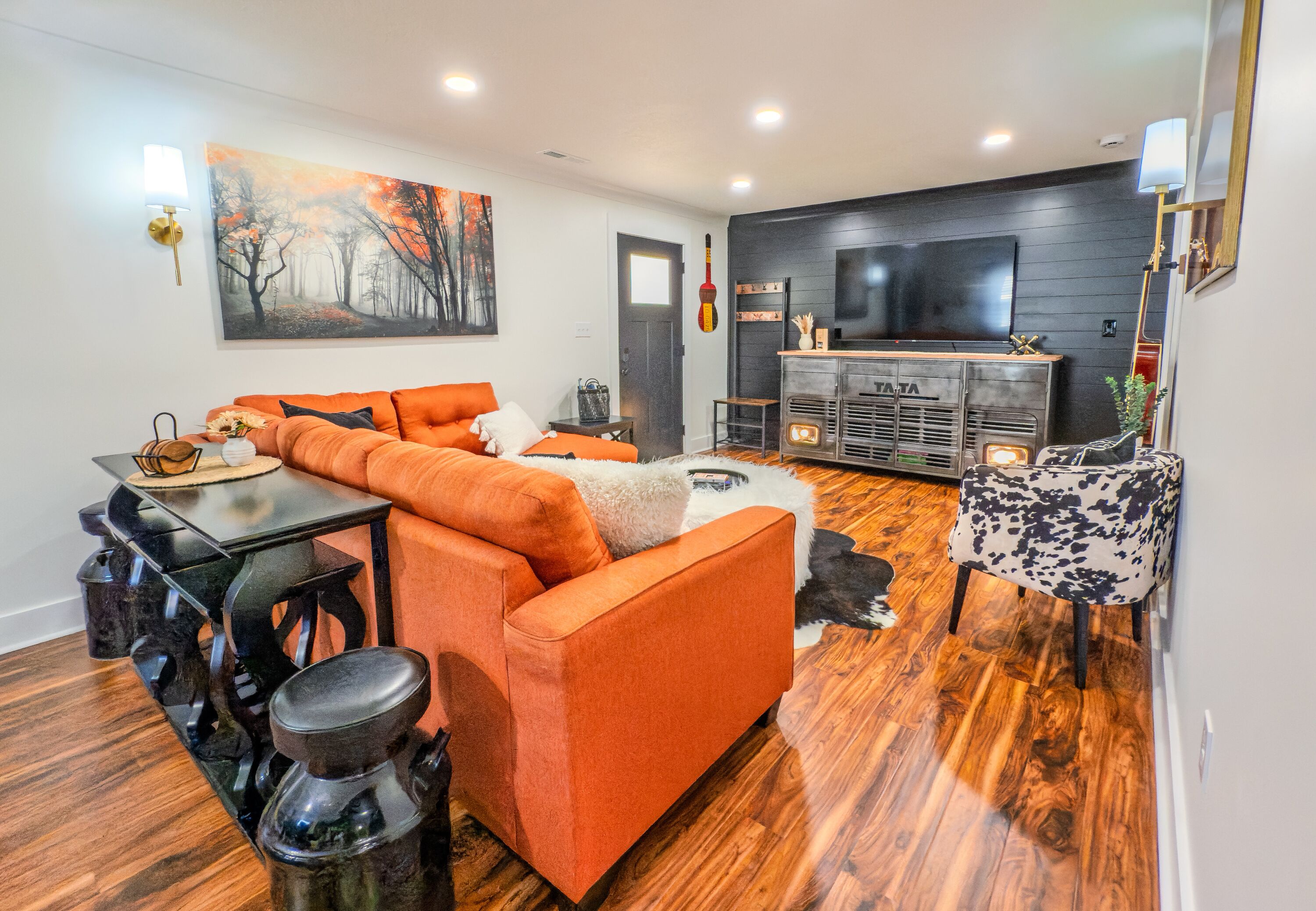 Smart TV, fireplace, books