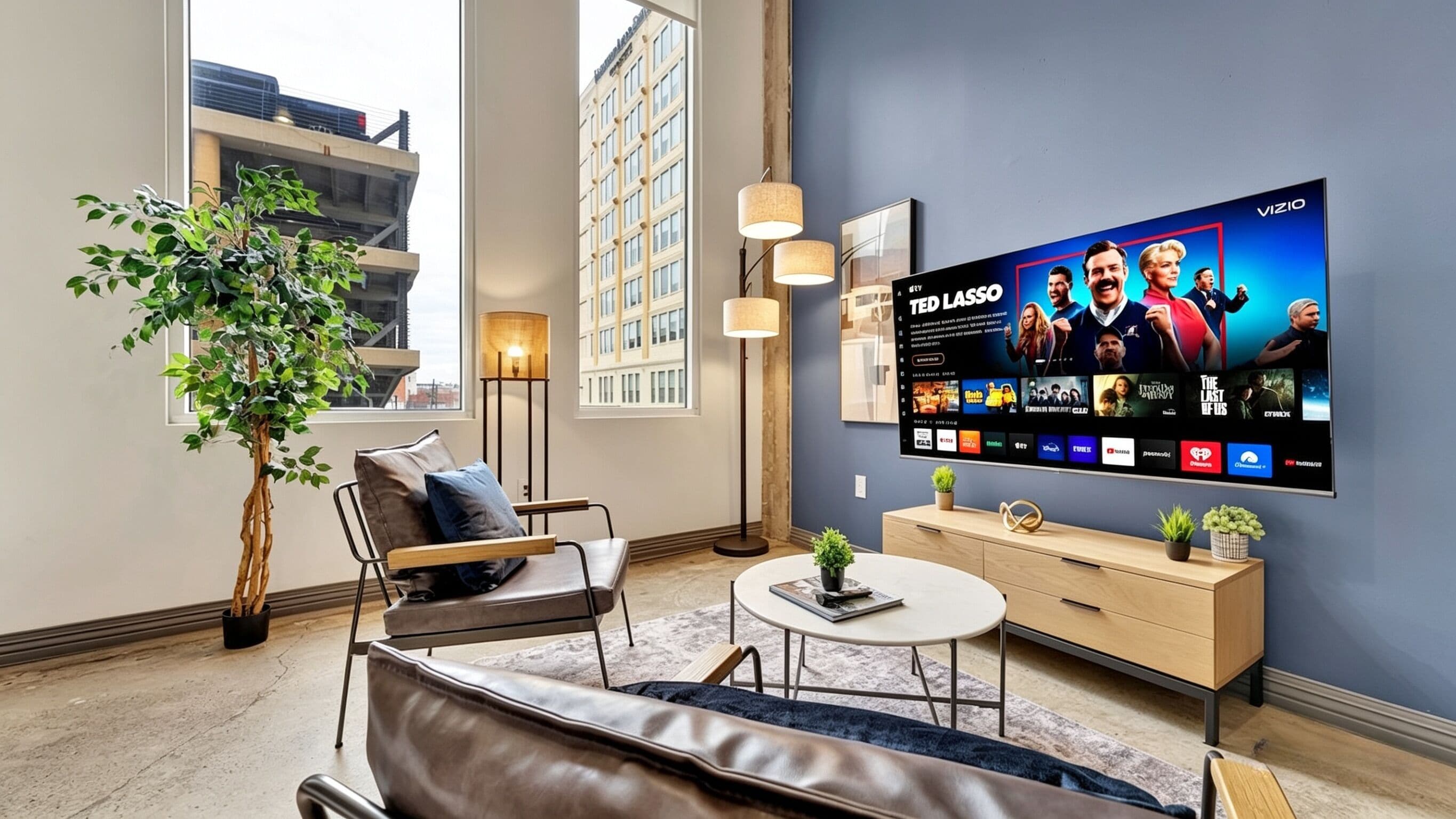 A modern living room with a flat-screen TV, a sofa, a coffee table, a floor lamp, and a potted plant.