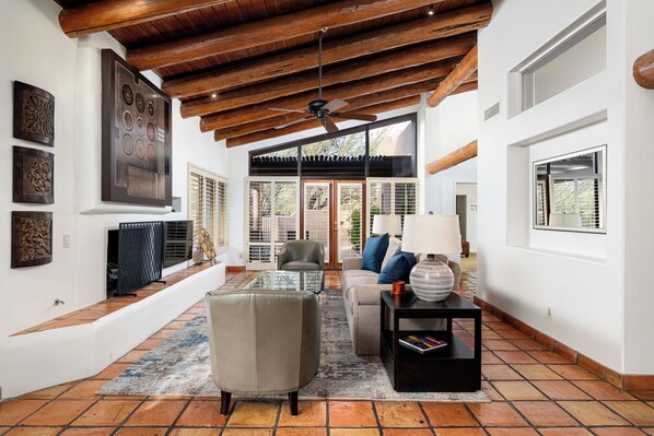 Smart TV, fireplace, books