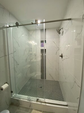 Hair dryer, towels, soap, toilet paper