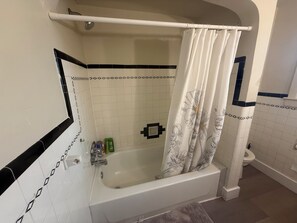 Hair dryer, towels, soap, shampoo
