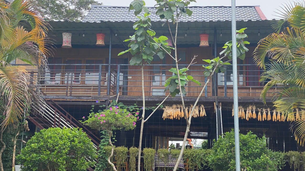 A traditional wooden building with a tiled roof, surrounded by lush greenery and palm trees.