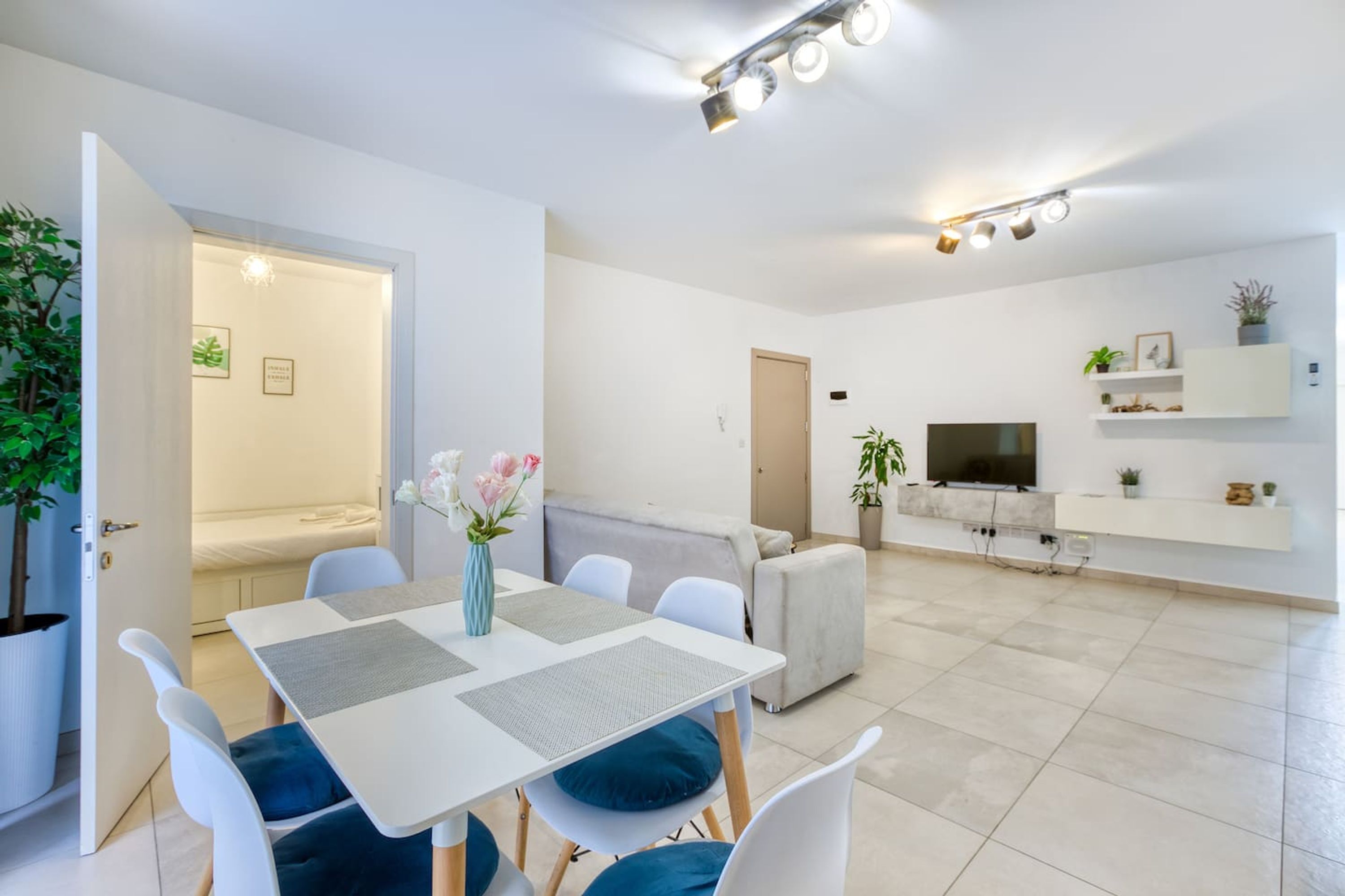 A modern living room with a dining area, a sofa, a TV, and a potted plant.
