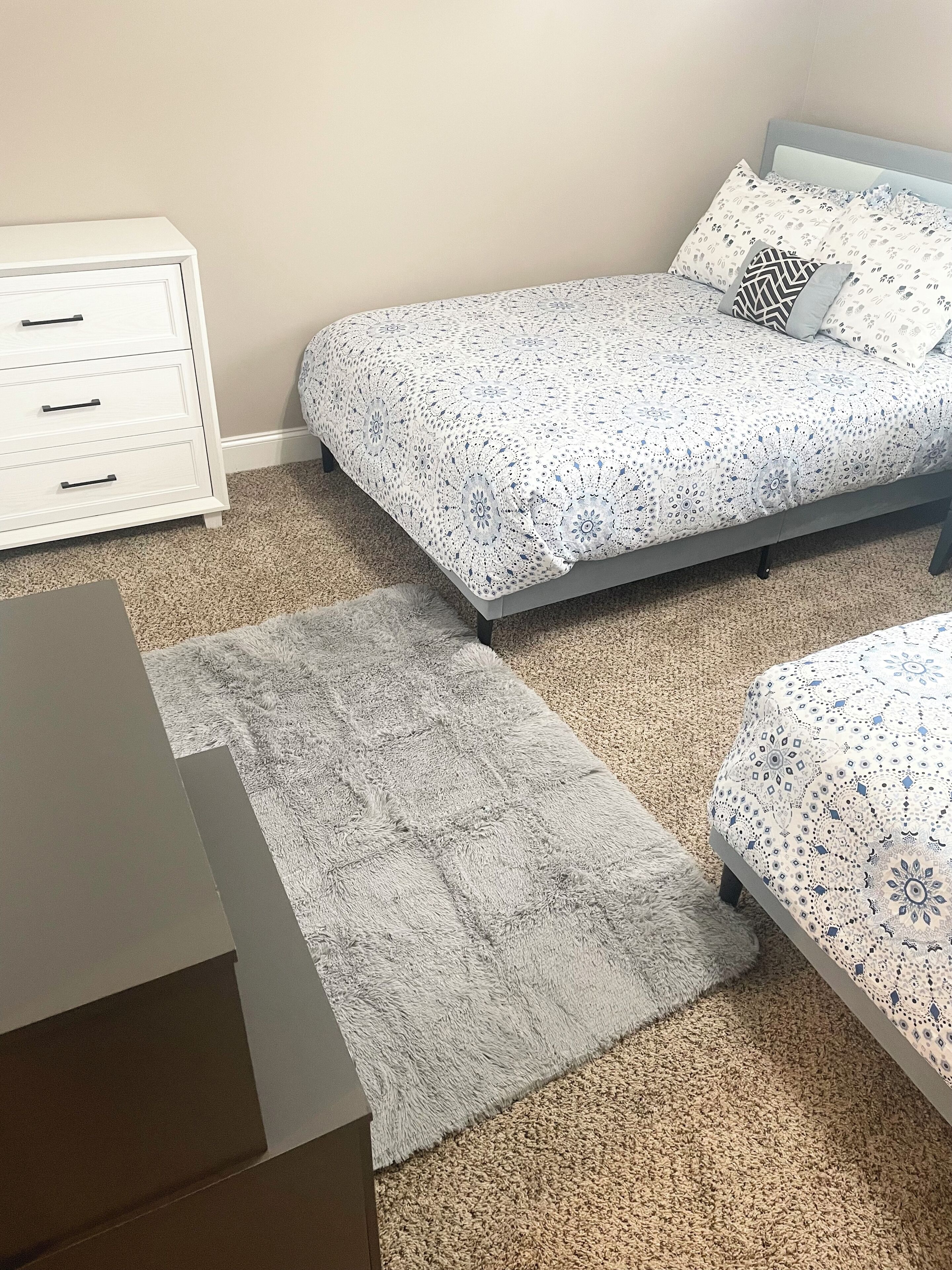 A bedroom with a bed, a dresser, and a rug.