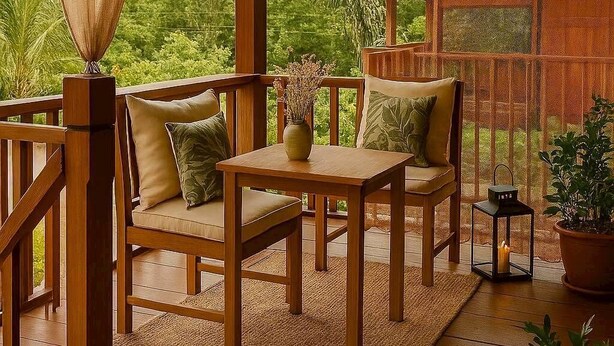 Eine Holzterrasse mit Tisch, Stühlen, einer Hängelampe und Kübelpflanzen.