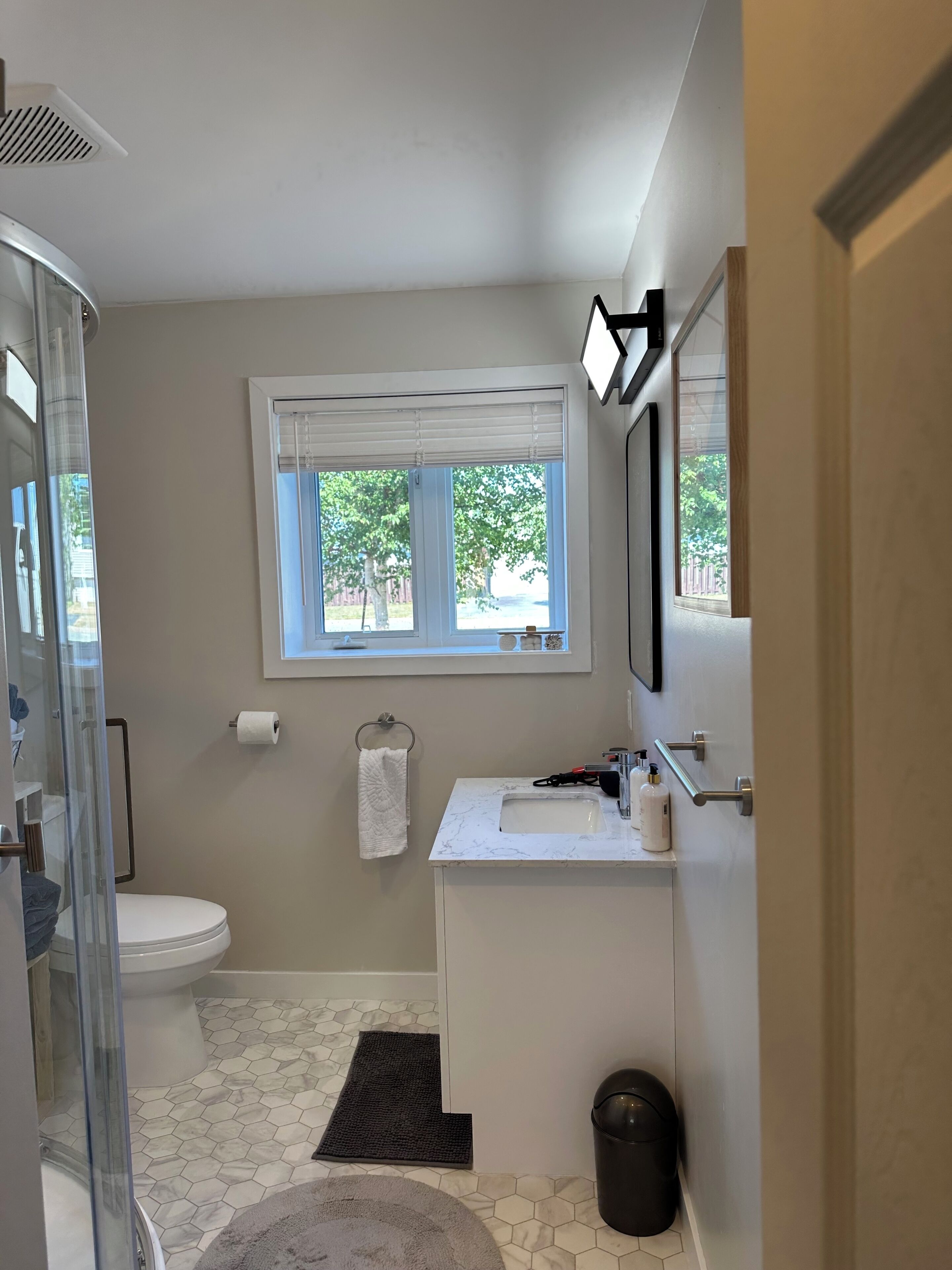 Hair dryer, towels, soap, shampoo
