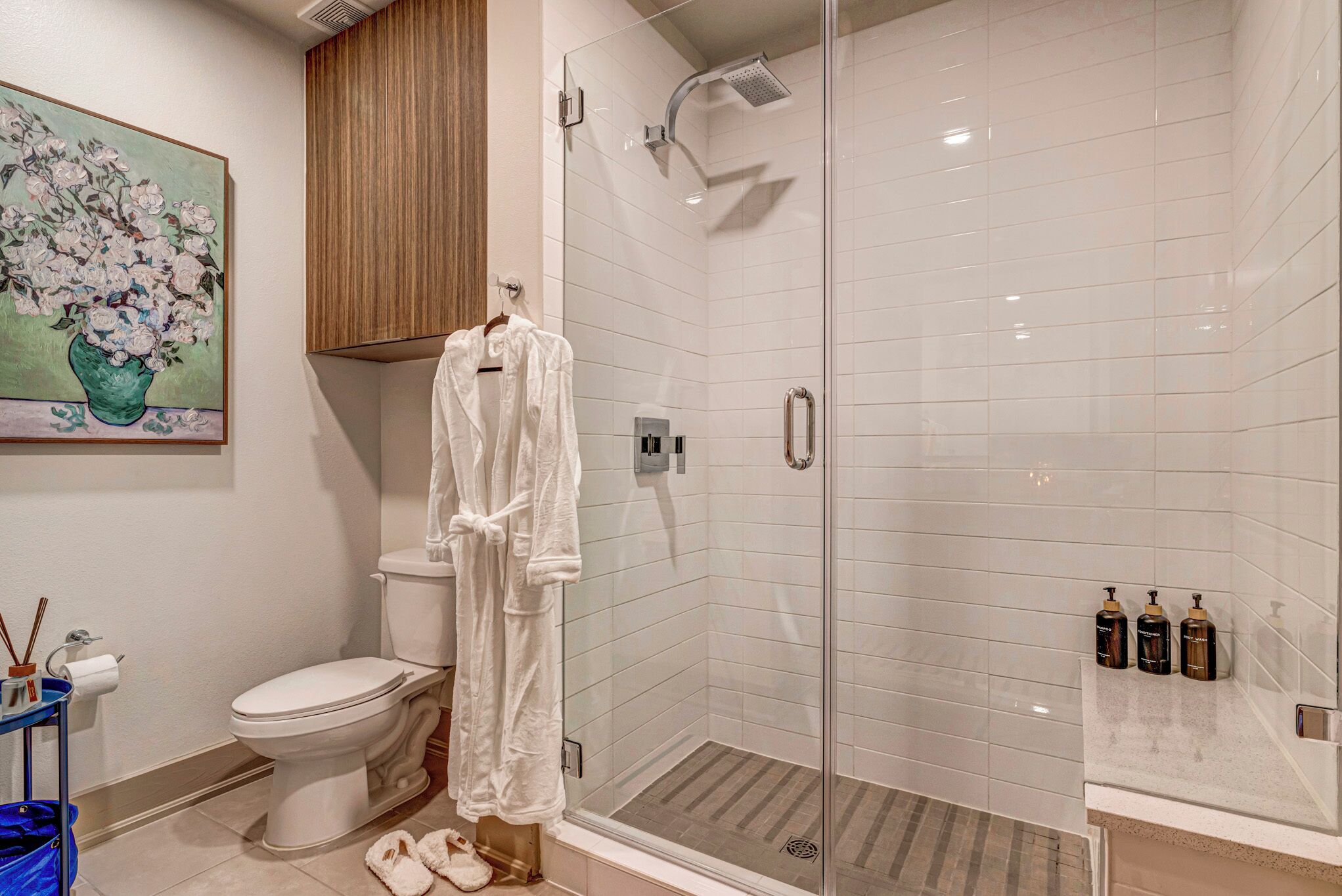 Hair dryer, towels, soap, shampoo