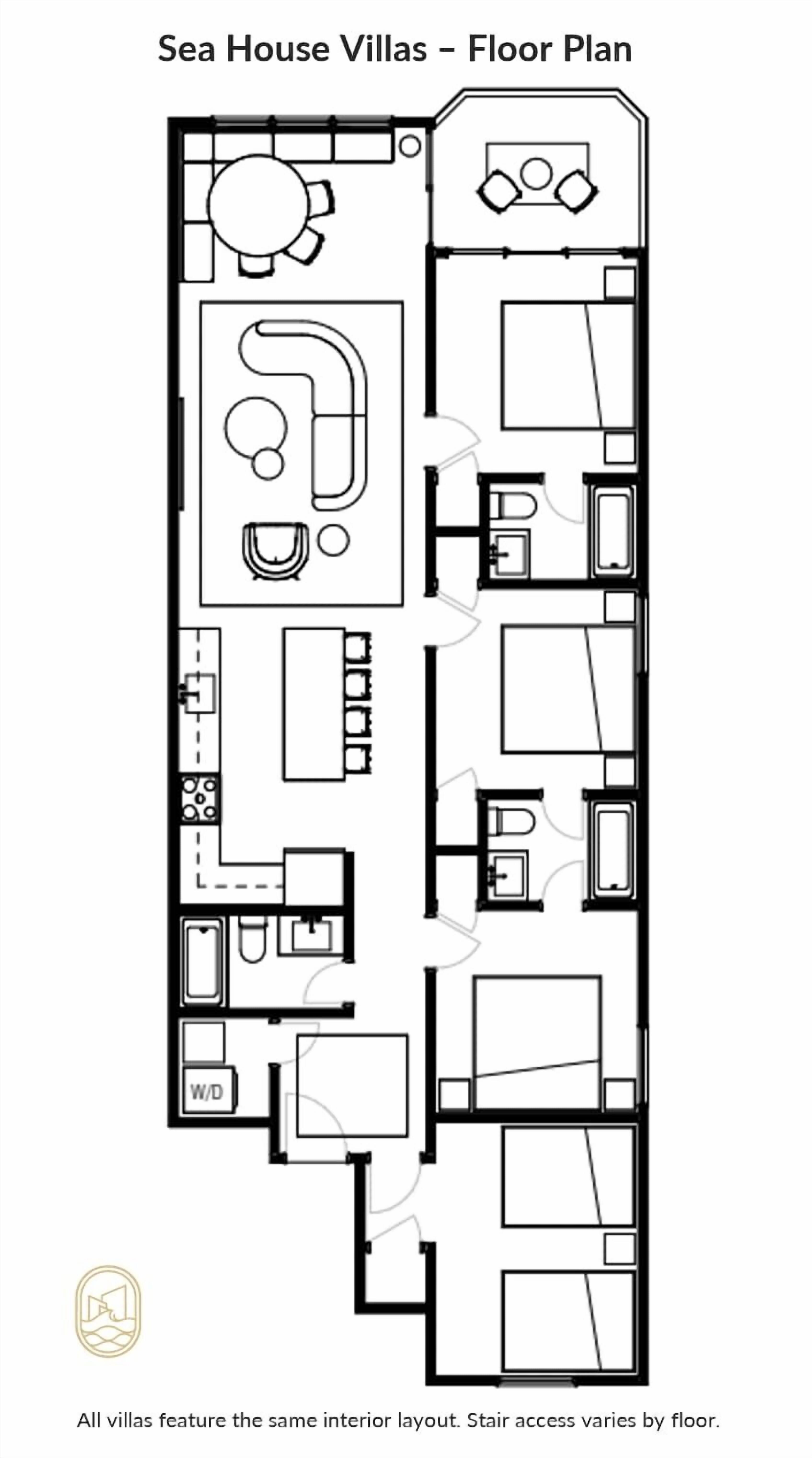Plano de distribución de Sea House Villas, con una zona de estar central, cocina, comedor y varias habitaciones.