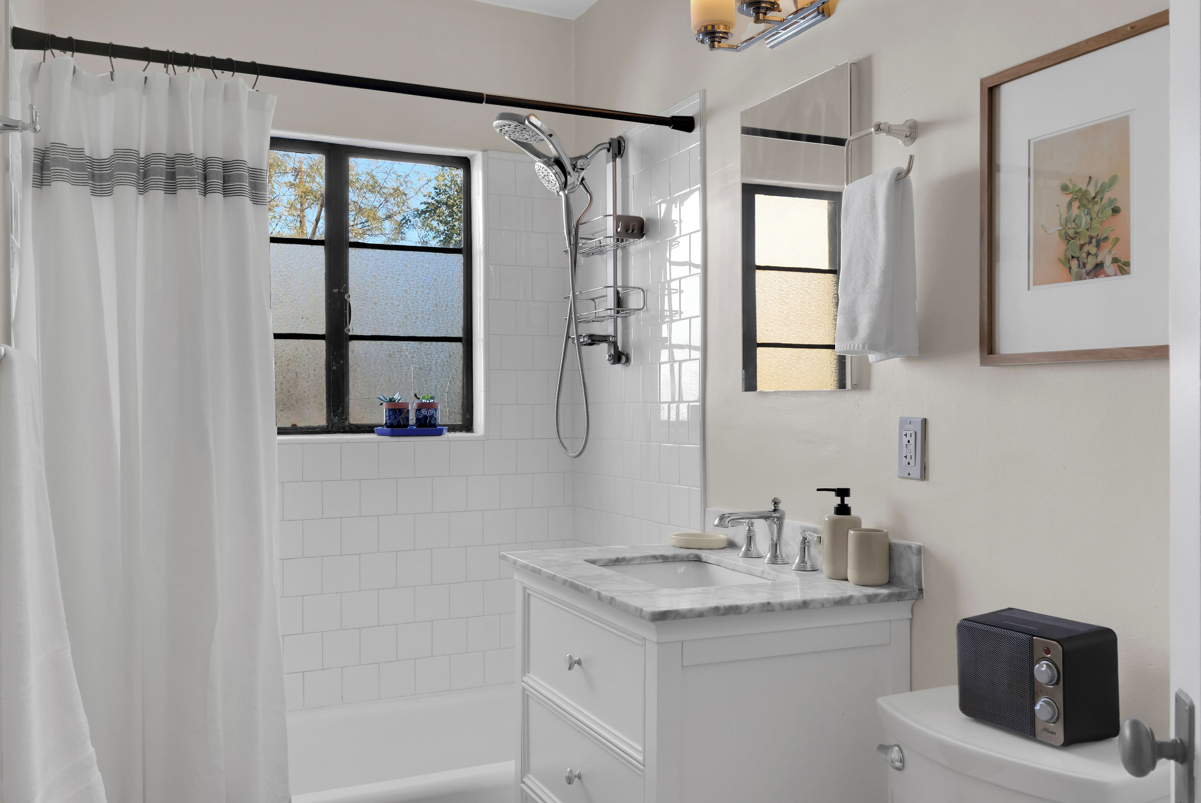 Hair dryer, bidet, towels, soap