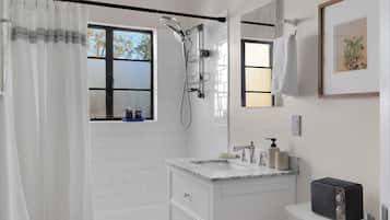 Hair dryer, bidet, towels, soap