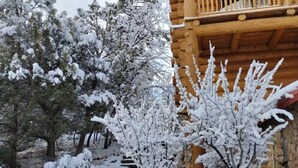 Une cabane en bois dotée d’un balcon, entourée d’arbres couverts de neige et surplombant un ciel dégagé.
