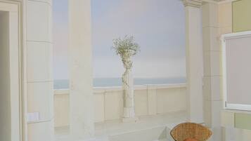A room with two wicker chairs, a potted plant, and a view of the sea.
