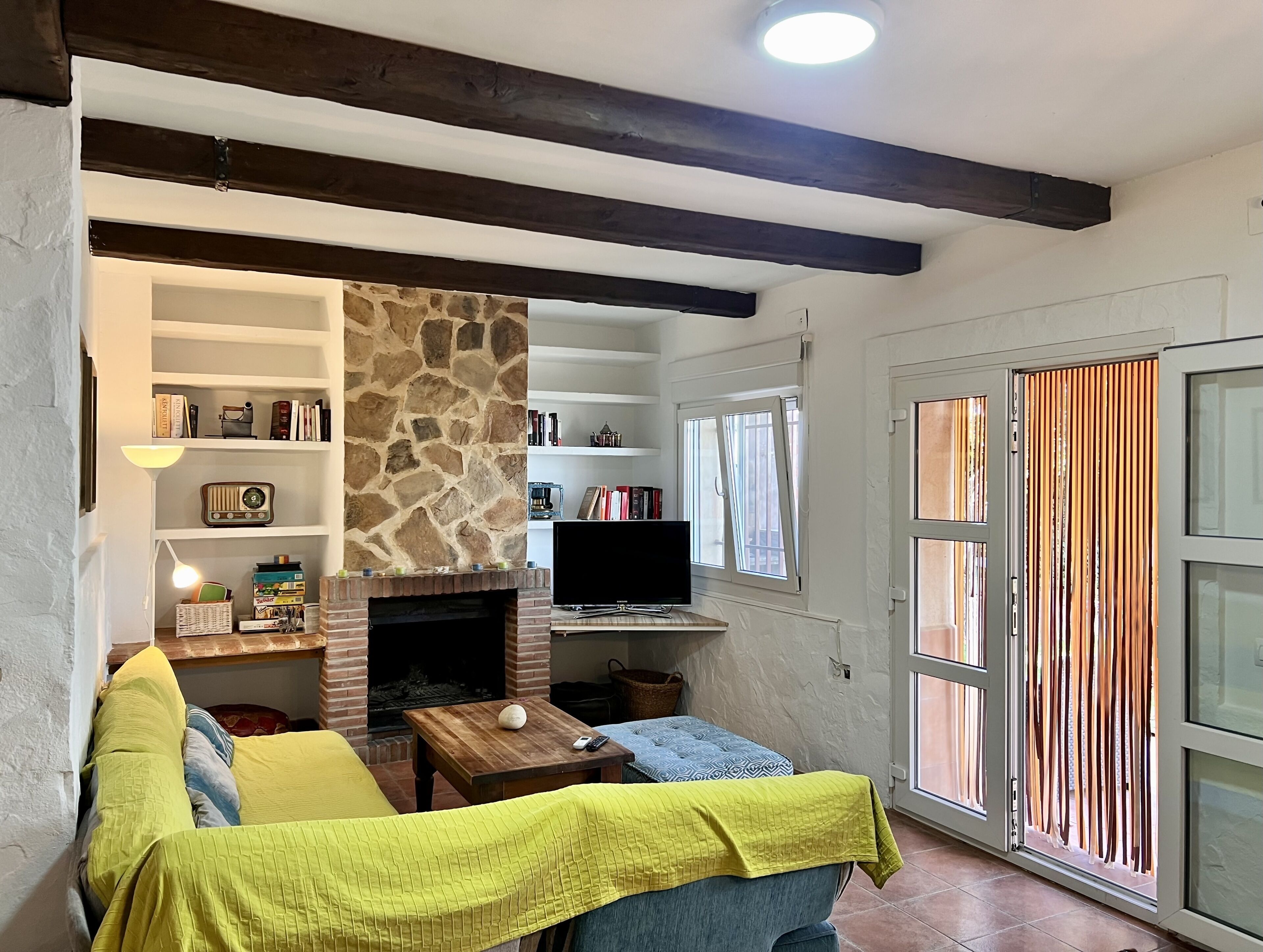 TV, fireplace, books