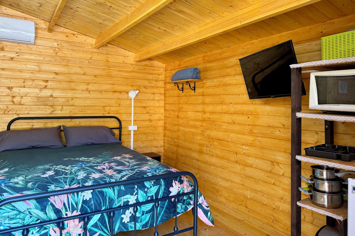Habitación de cabaña de madera con cama, televisor y estante con utensilios de cocina.