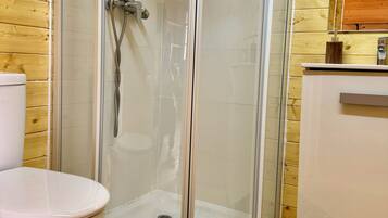 Une cabine de douche avec une porte en verre, des toilettes et un tapis à motifs.