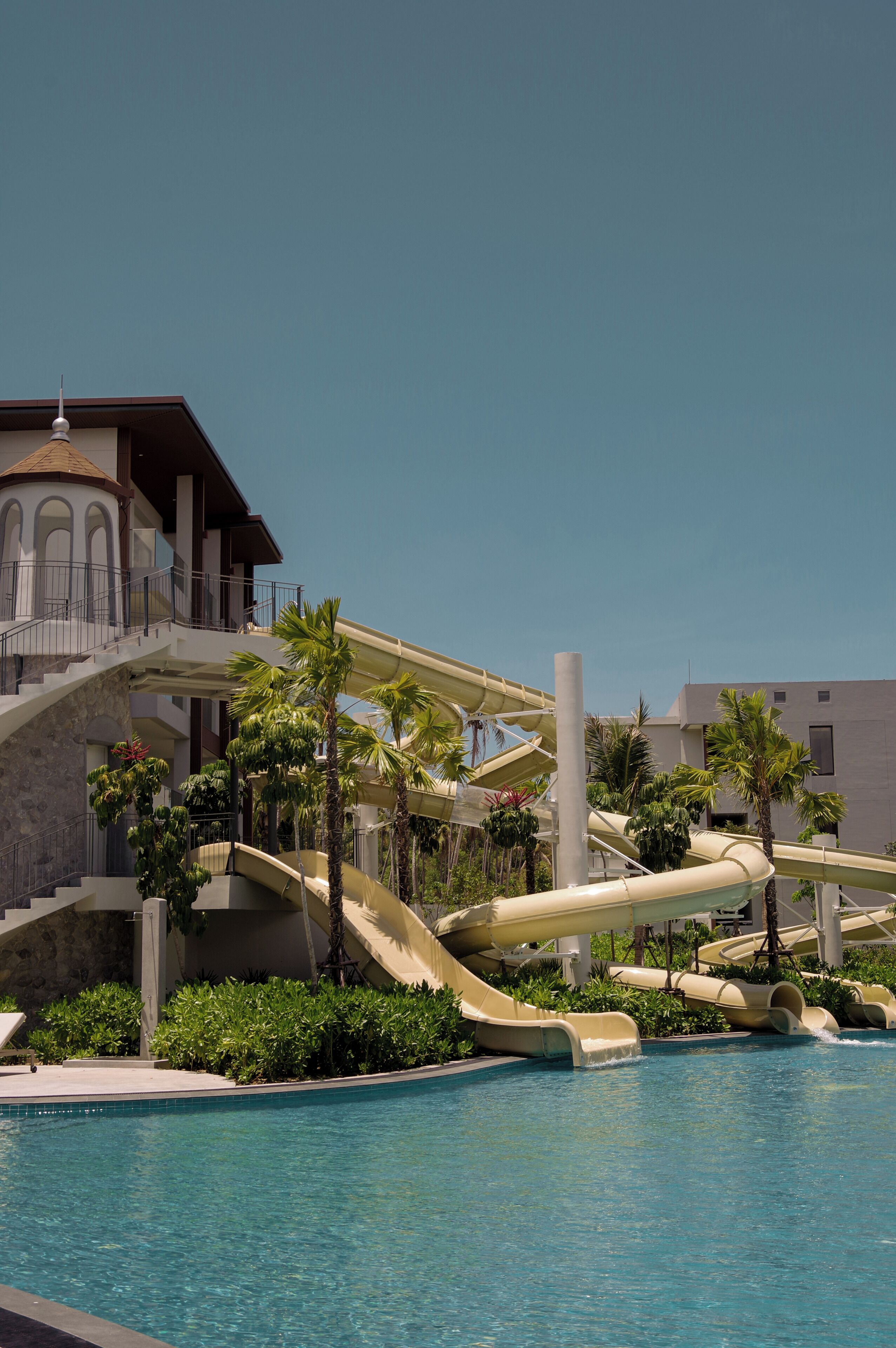 A pool with water slides and palm trees.