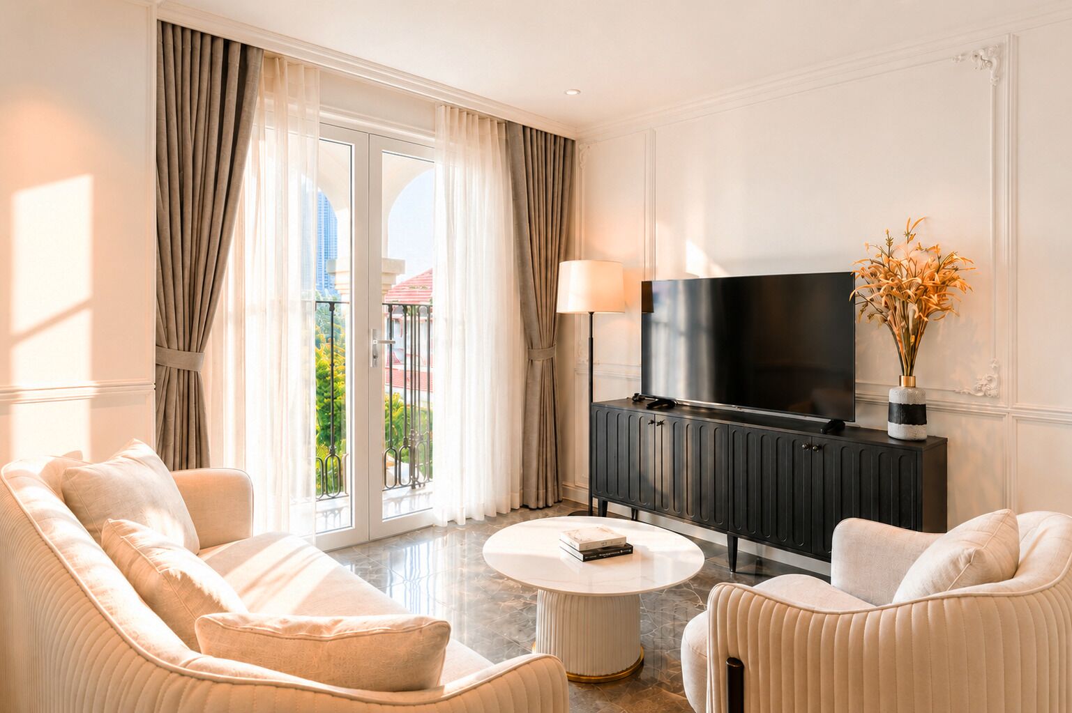 Una sala de estar moderna con una televisión de pantalla plana, un sofá, una mesa de centro y vistas al exterior.