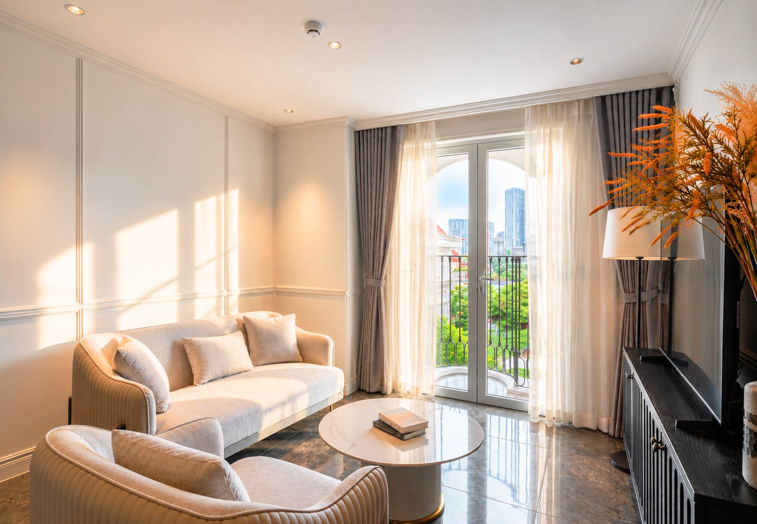A modern living room with a sofa, armchairs, a coffee table, and a view of a cityscape through large windows.