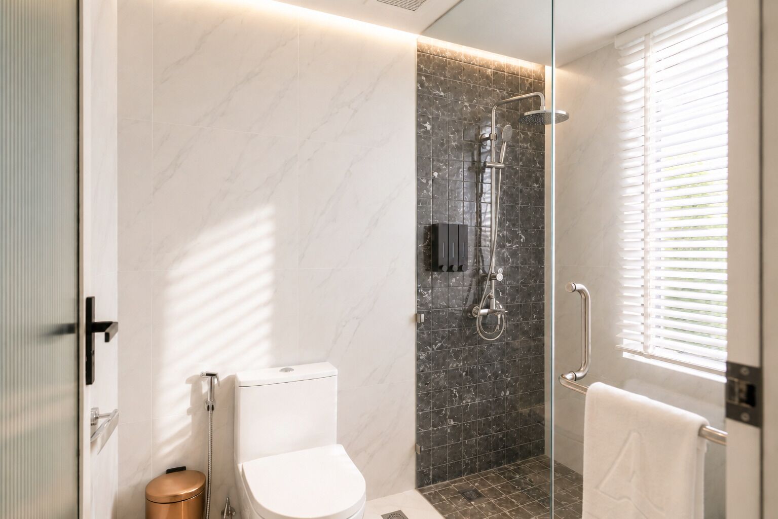 Un baño moderno con cabina de ducha de vidrio, inodoro y perchero para toallas.