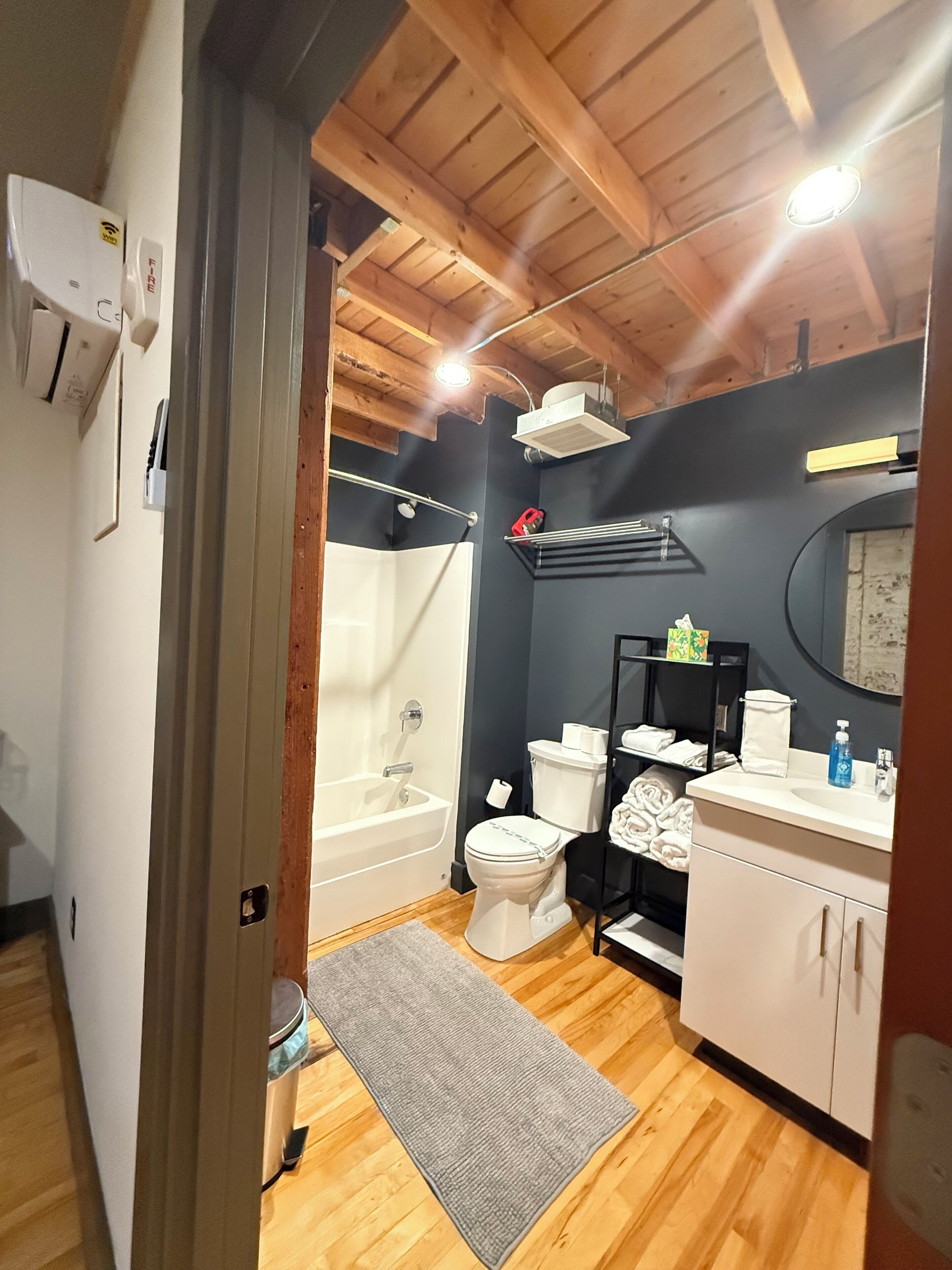 Hair dryer, towels, soap, toilet paper