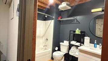 Hair dryer, towels, soap, toilet paper