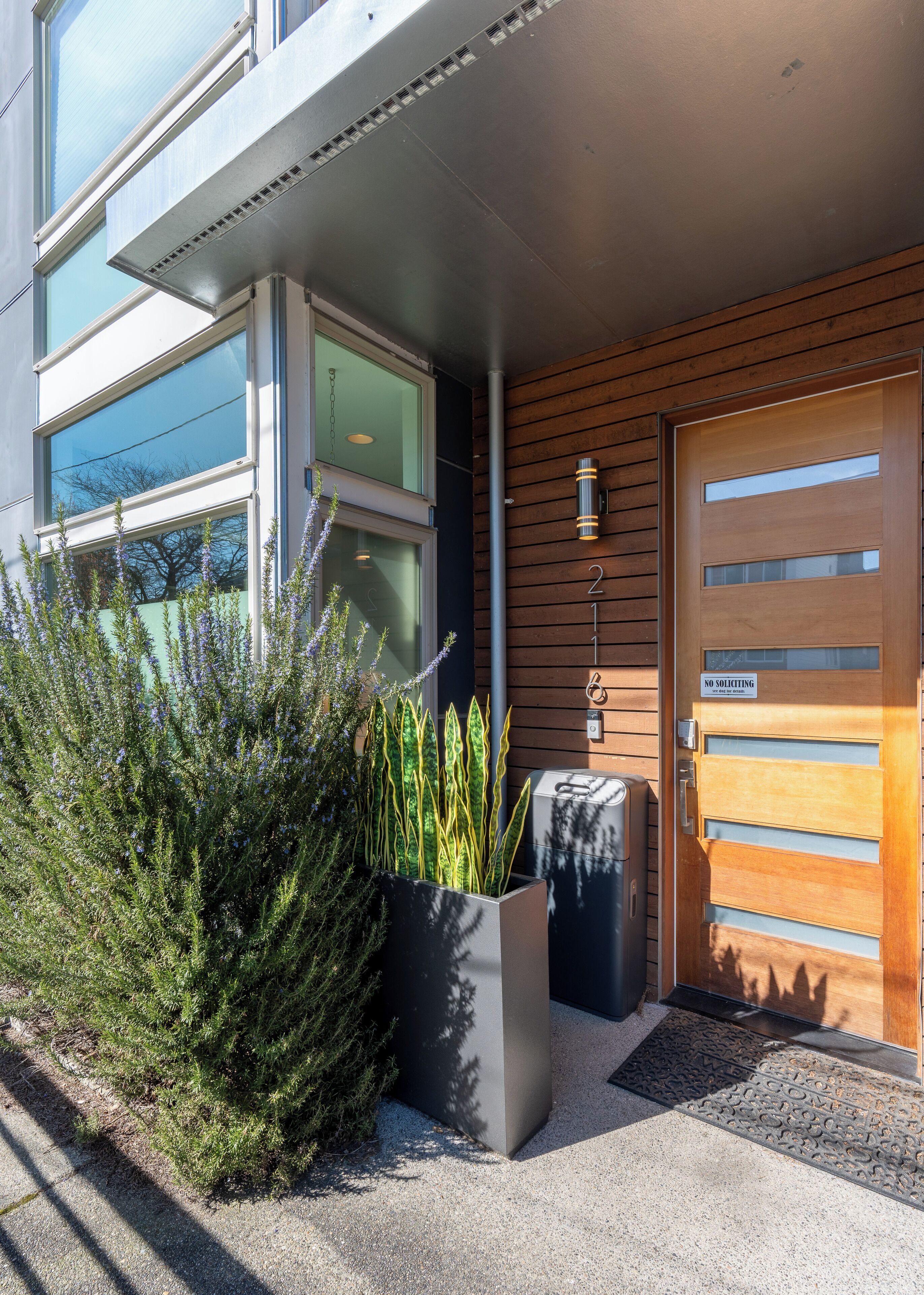 A modern building entrance with a wooden door, a metal mailbox, and a planter with green plants.