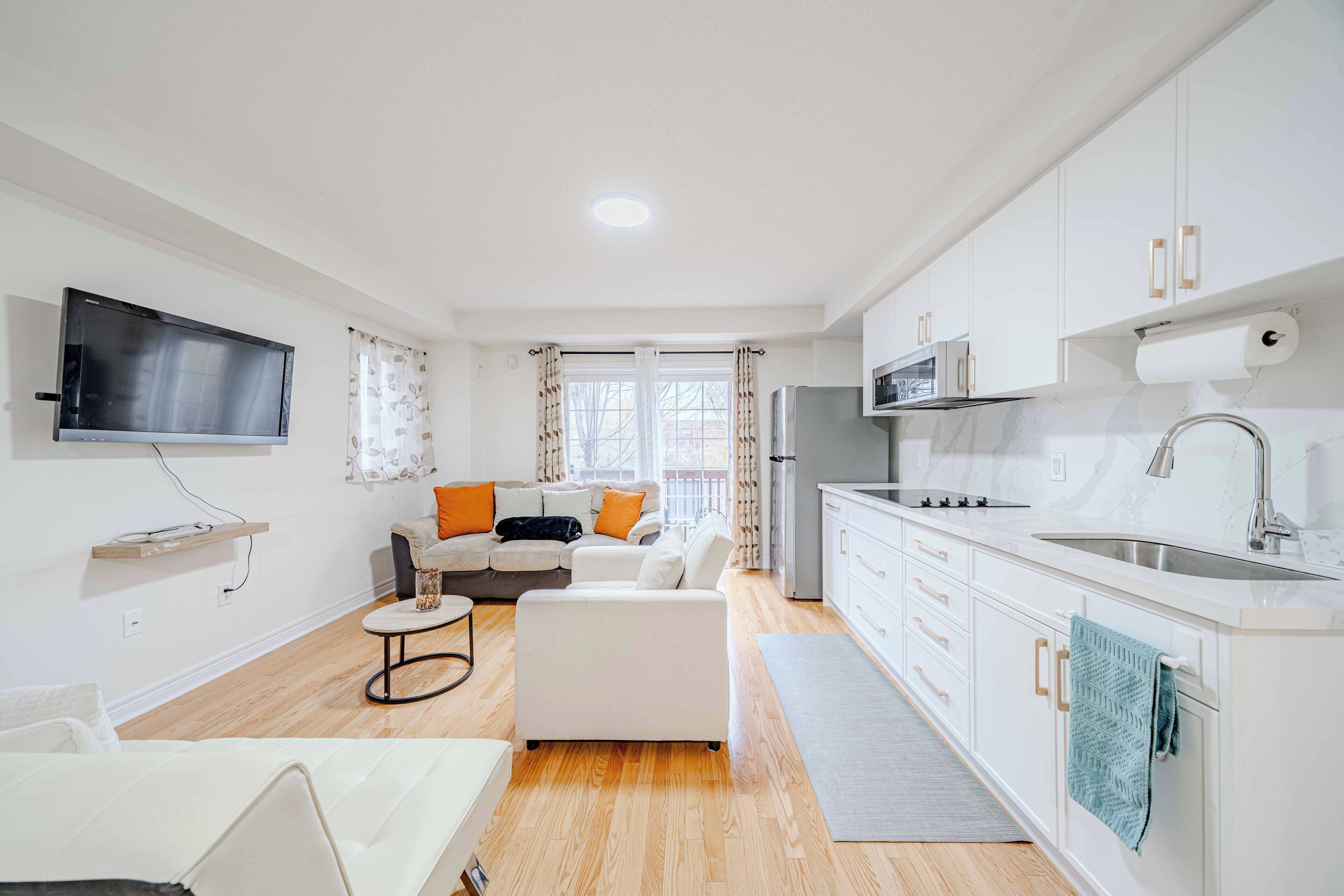 Smart TV, fireplace, books