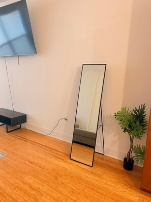 A room with a standing mirror, a flat-screen TV mounted on the wall, a small plant, and a wooden floor. - Cozy 1-bedroom apartment with AC in delightful Alexandria (Alexandria)