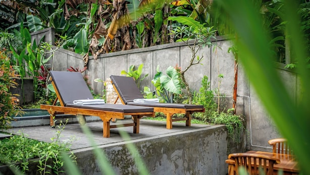 Un jardín con dos sillones de madera y una mesita.
