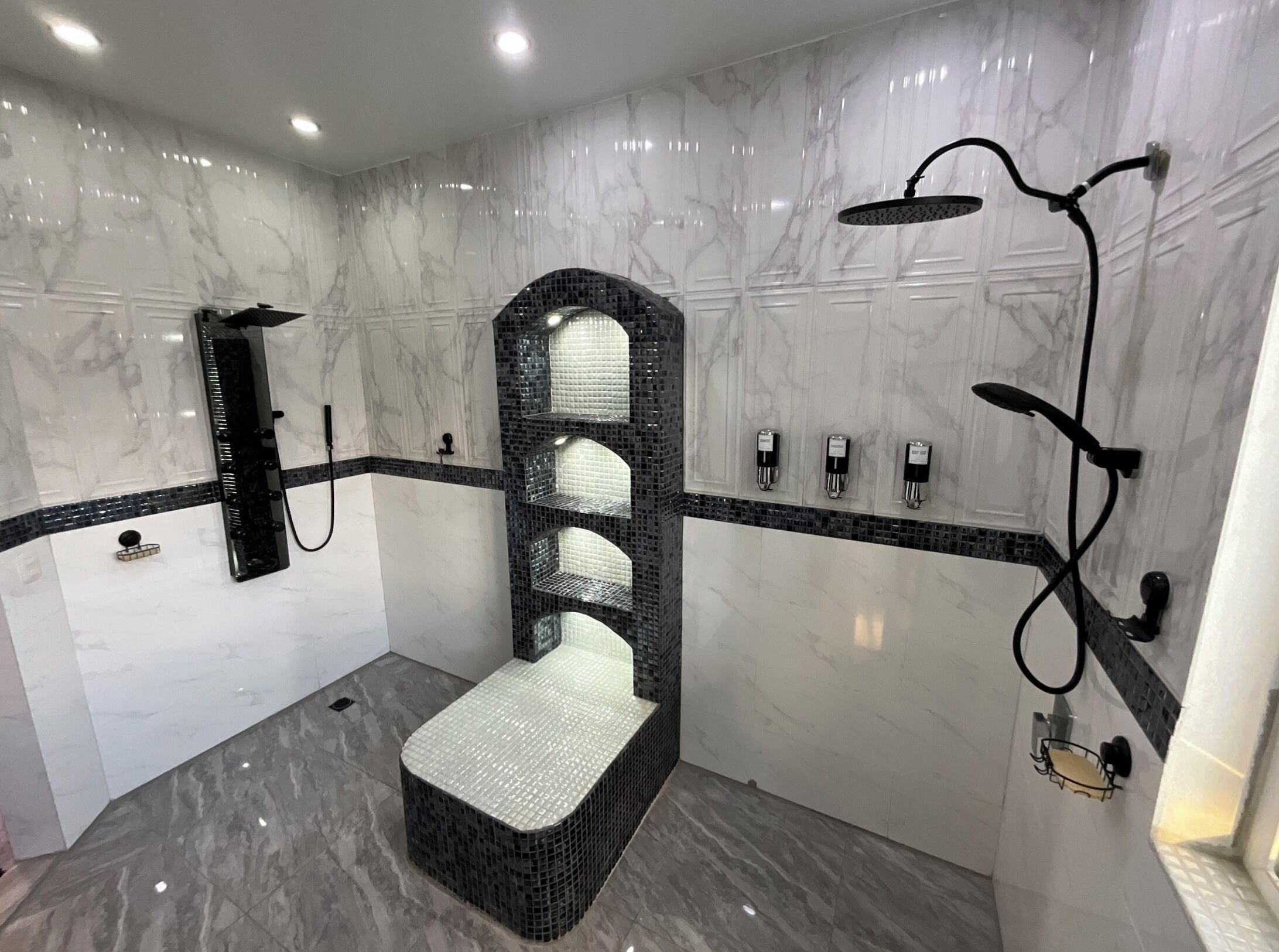 Jetted bath, hair dryer, towels, soap