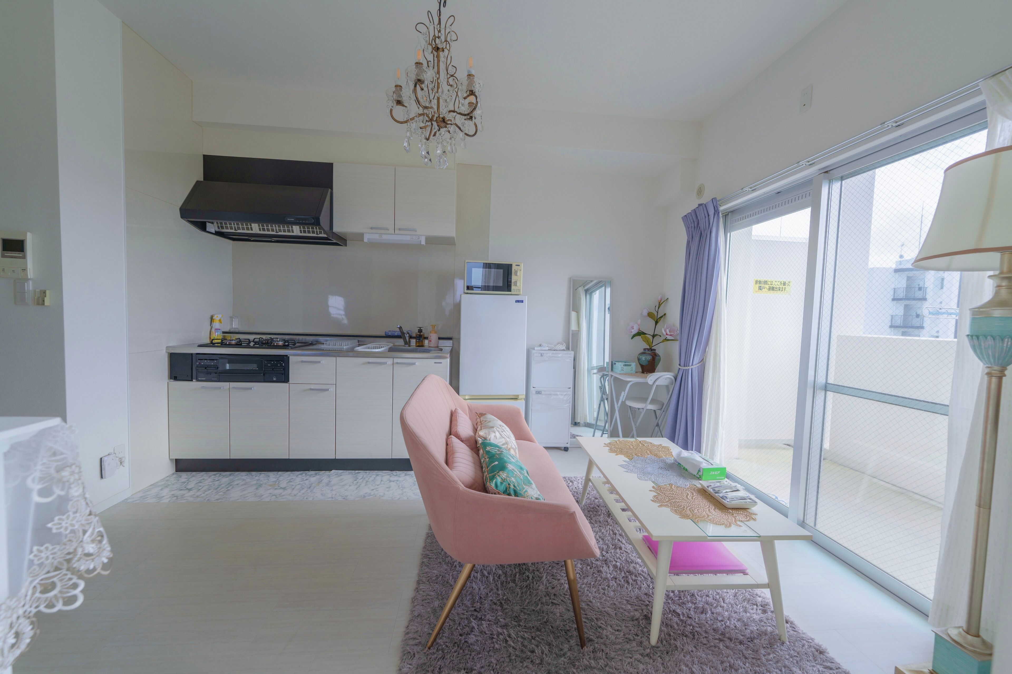 Desk, laptop workspace, blackout drapes, soundproofing
