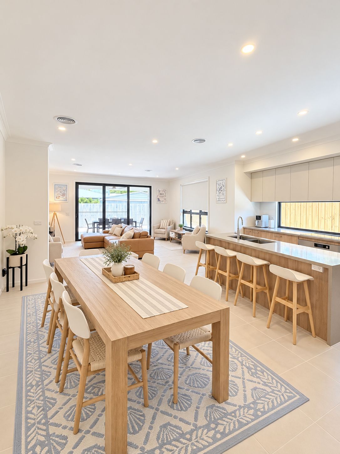 Een moderne keuken met een centraal eiland, een eetgedeelte met een houten tafel en stoelen, en een zithoek met een bank en fauteuils.