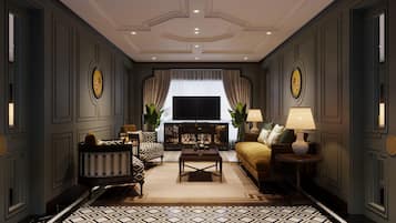 Desk, blackout drapes, soundproofing, iron/ironing board