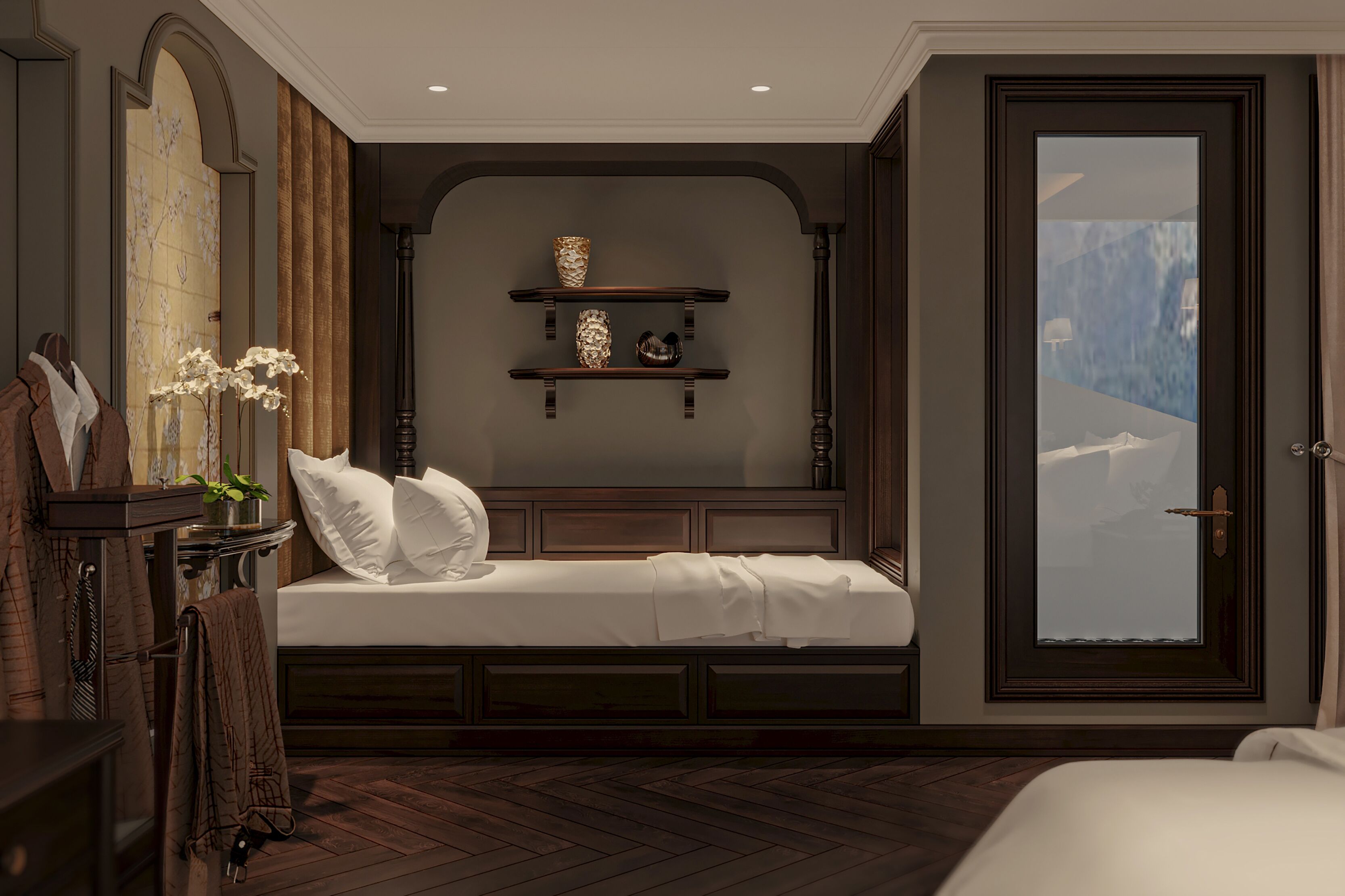 A bedroom with a bed, a nightstand, a dresser, a mirror, a window with a view, and a shelf with decorative items.